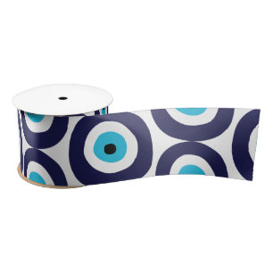 Evil Eye Circles Pattern in Aqua White Navy Blue Satin Ribbon