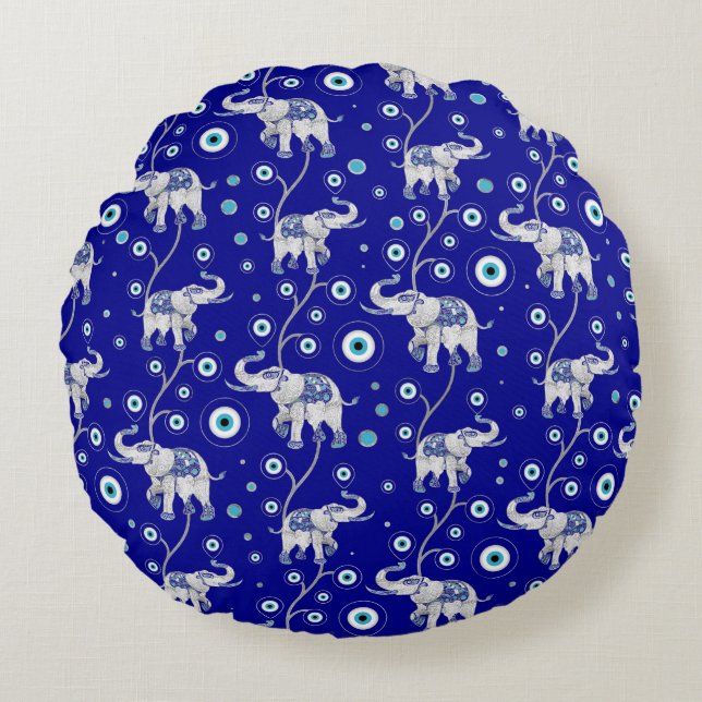 Evil Eye Elephant Good Luck amulet pattern Round Cushion (Front)