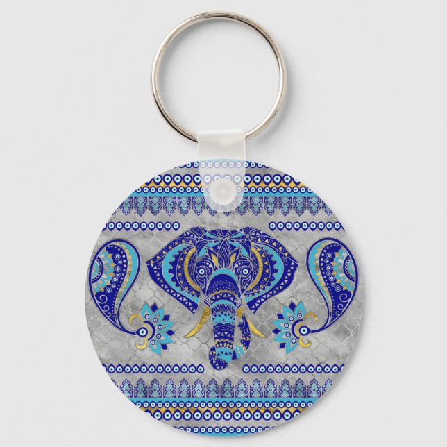 Evil Eye Elephant Ornamental Pattern Key Ring (Front)