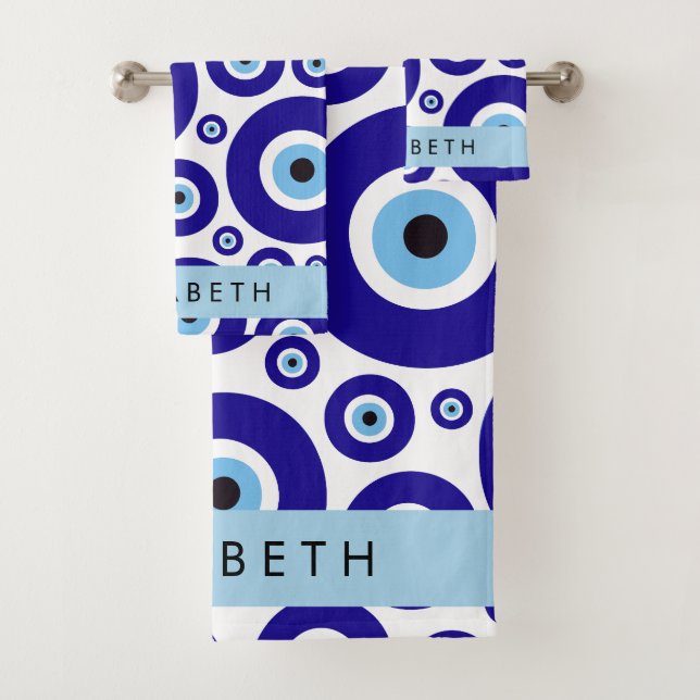 Evil Eye, Greek Eye, Turkish Eye, Mati, Your Name Bath Towel Set (Insitu)