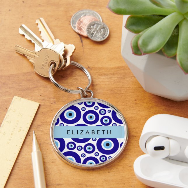 Evil Eye, Greek Eye, Turkish Eye, Mati, Your Name Key Ring (Desk)