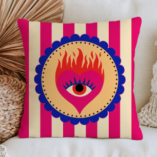 Evil Eye Heart in Flames Funky Folk Art Striped Cushion