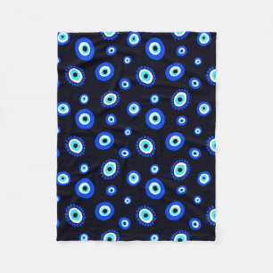 Evil Eye Midnight Blue and Aqua Greek Eye Pattern Fleece Blanket