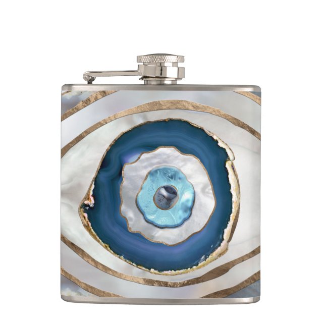 Evil Eye Mineral textures and gold Hip Flask (Front)