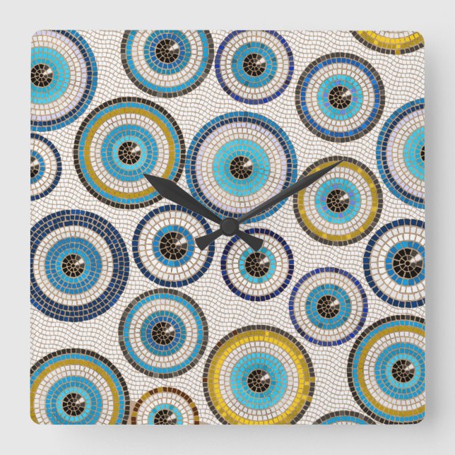 Evil Eye Mosaic Tile Pattern Square Wall Clock (Front)