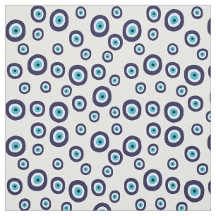 Evil Eye Navy Blue and Aqua Circles on White Fabric