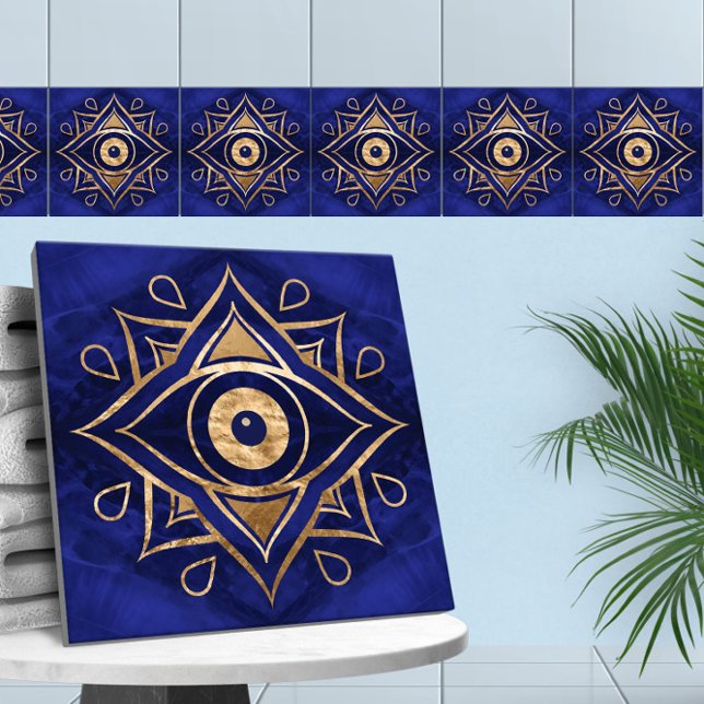 Evil Eye Ornament Gold and Blue Marble Ceramic Tile (Creator Uploaded)