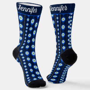 Evil Eye pattern - dark blue with golden accents Socks