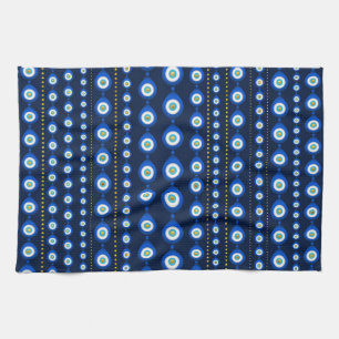 Evil Eye pattern - dark blue with golden accents Tea Towel