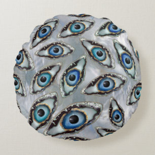 Evil Eye Pattern Geodes and Crystals on pearl Round Cushion