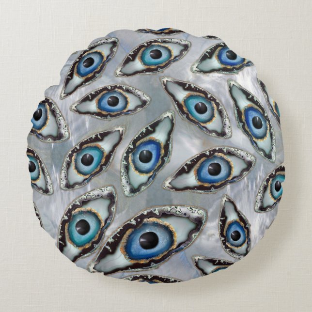 Evil Eye Pattern Geodes and Crystals on pearl Round Cushion (Front)