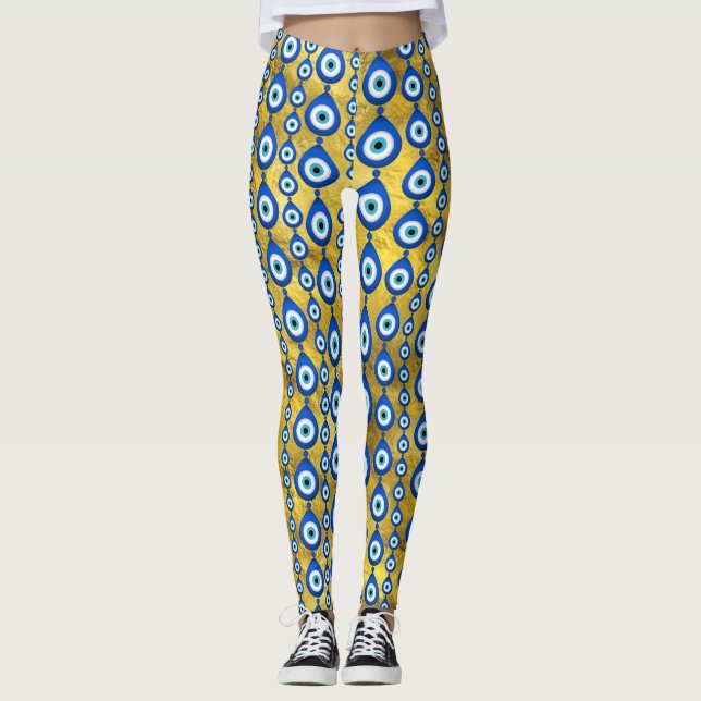 Evil Eye pattern on golden texture Leggings (Front)