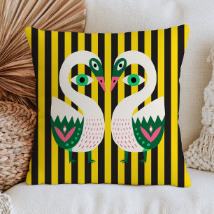 Evil Eye Swans on Yellow& Black Stripes Funky Cushion
