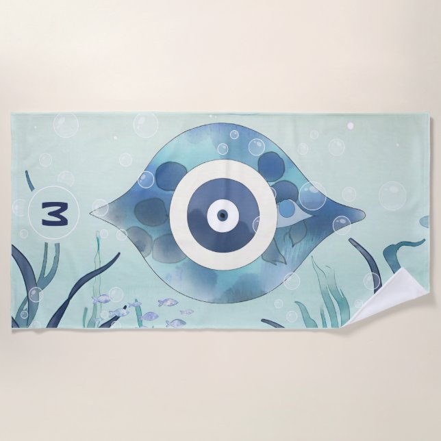 Evil Eye Underwater Blue Trendy Beach Towel (Front)