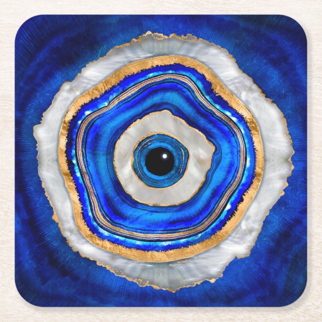 Evil Eye Watercolor agate and gold Square Paper Coaster (Front)
