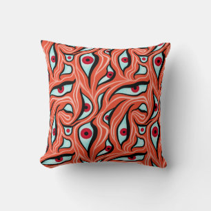 Evil Eyes Pattern - Abstract Red Eyes on Orange Cushion