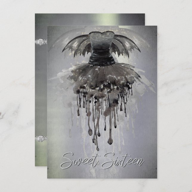 Evil Fairy Gown | Gothic Black Vampy Rock Sheen Invitation (Front/Back)