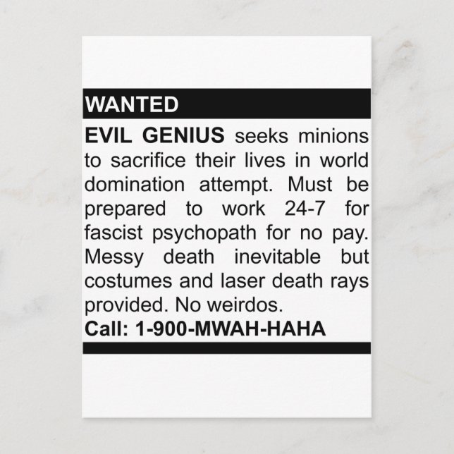 Evil Genius Ad Postcard (Front)
