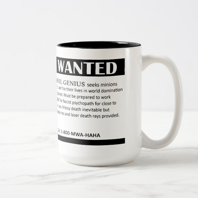 Evil Genius Wanted Ad Two-Tone Coffee Mug (Right)