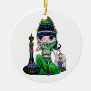 Evil Green Genie Belly Dancer Big Eyes Cute Ceramic Ornament