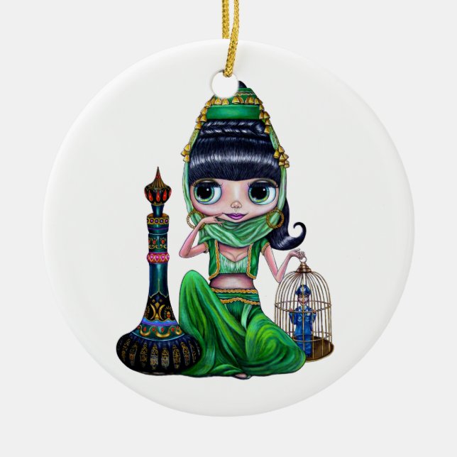 Evil Green Genie Belly Dancer Big Eyes Cute Ceramic Ornament (Front)