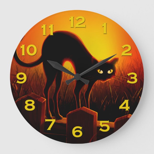 Evil Halloween Black Cat Glowing Eyes Wall Clock (Front)