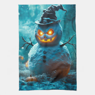 Evil Halloween Snowman with Glowing Eyes Tea Towel