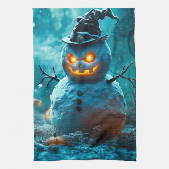Evil Halloween Snowman with Glowing Eyes Tea Towel (Vertical)