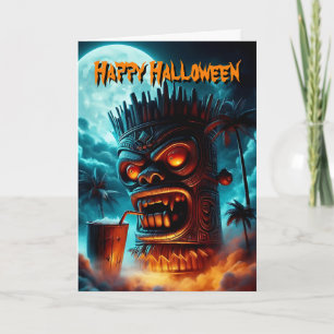 Evil Halloween Tiki With Drink In Moonlight Card