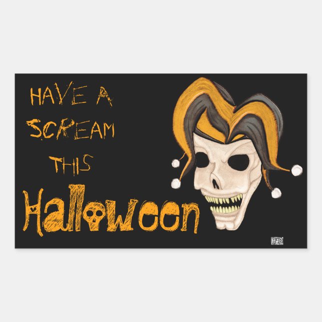 Evil Jester Skull (Orange) Halloween Rectangular Sticker (Front)