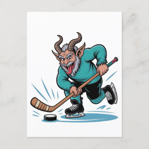 Evil Krampus Playing Ice Hockey Christmas Sport Holiday Postcard