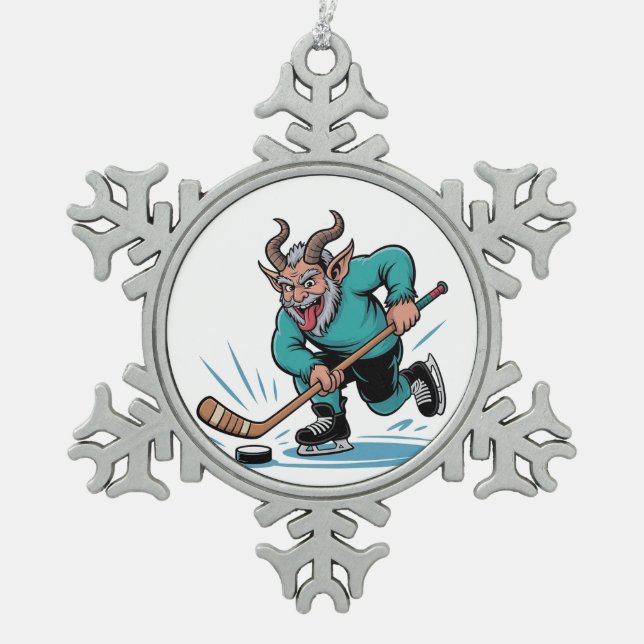 Evil Krampus Playing Ice Hockey Christmas Sport  Snowflake Pewter Christmas Ornament (Front)