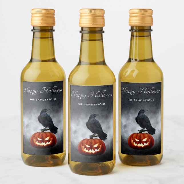 Evil Pumpkin and Raven Personalised Halloween Wine Label (Bottles)