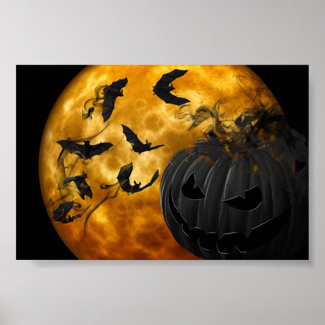 Evil pumpkin face and bats at full moon halloween poster (Front)