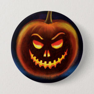 Evil pumpkin Halloween Trick or Treat badge. 7.5 Cm Round Badge