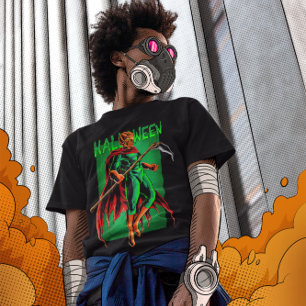 Evil Pumpkin Skull Head Super Hero With a Scythe T-Shirt