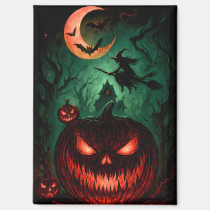 Evil Pumpkin Under Blood Moon Witch Flying Hallo Magnet