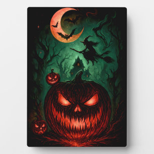 Evil Pumpkin Under Blood Moon   Witch Flying Hallo Plaque