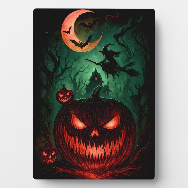 Evil Pumpkin Under Blood Moon | Witch Flying Hallo Plaque (Front)
