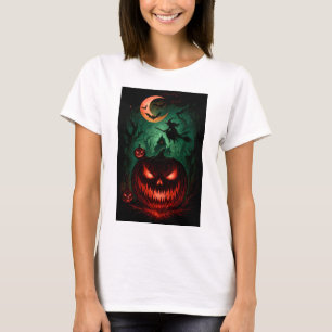 Evil Pumpkin Under Blood Moon   Witch Flying Hallo T-Shirt