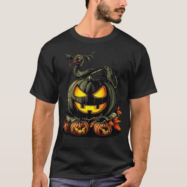Evil Pumpkin with Snake Halloween Artwork T-Shirt (Front)