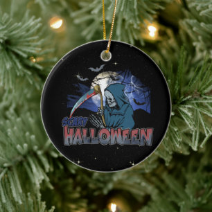 Evil Skeleton In Scary Dark Night Halloween Ceramic Ornament