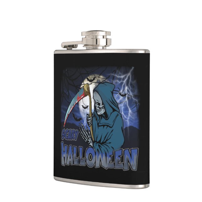 Evil Skeleton In Scary Dark Night Halloween Hip Flask (Left)