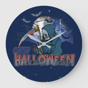 Evil Skeleton In Scary Dark Night Halloween Large Clock