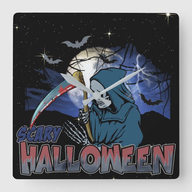 Evil Skeleton In Scary Dark Night Halloween Square Wall Clock (Front)