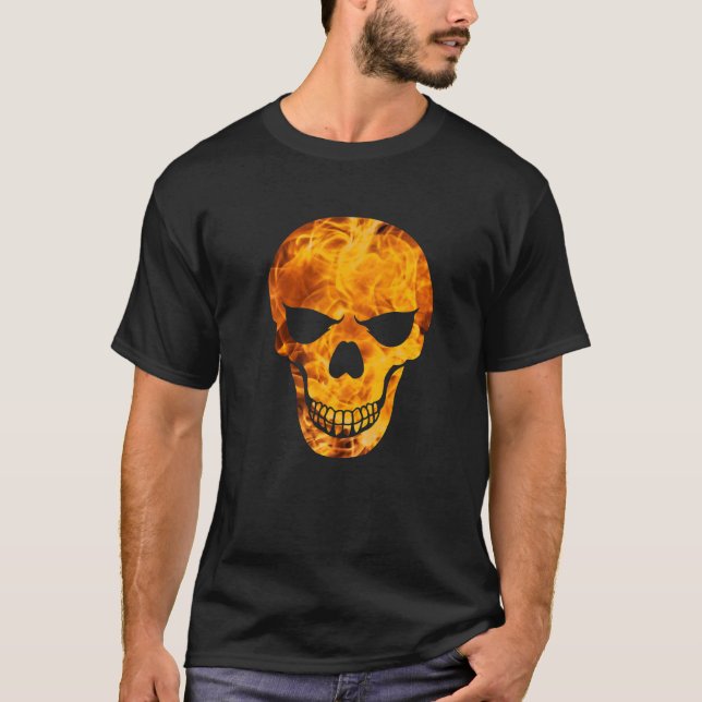 Evil Skull With Flames. Devil Hell Witch Halloween T-Shirt (Front)