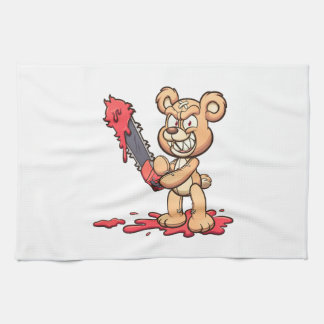 evil teddy bear holding a chainsaw and smiling tea towel