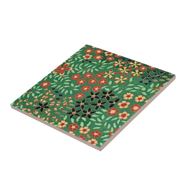 Evoke Serenity: Green Japanese Floral Ceramic Tile (Side)