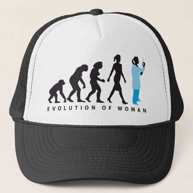 evolution female biologist, chemist, physicist trucker hat (Front)