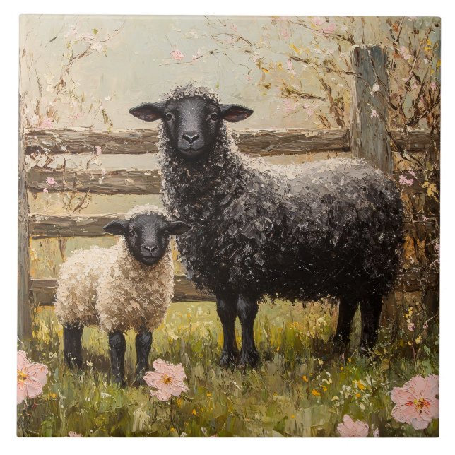 Ewe and Lamb Spring Sheep Art Ceramic Tile (Front)